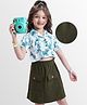 OLLINGTON ST. Knit Half Sleeves Top & Waffle Skirt with Floral Print - Multicolor & Green