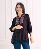 Bella Mama Woven Three Fourth Sleeves Maternity Top With Floral Embroidered Yoke - Wine