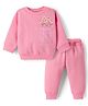 Pepito Fleece Knit Full Sleeves Sweatshirt & Lounge Pant Set with Front Pocket & Floral Embroidery - Pink