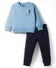 Pepito Knit Full Sleeves Winter Wear Fleece Night Suit With Text Print - Blue