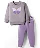 Pepito Knit Full Sleeves Winterwear Fleece Night Suit With Butterfly Print - Grey & Lilac