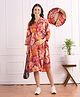 Bella Mama Viscose Woven Three Fourth Sleeves Front Open Maternity Shirt Dress with Floral Print - Maroon