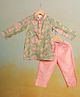 Casa Ninos Cotton Woven Full Sleeves Floral Printed Kurta Pyjama Set - Green