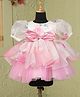 Casa Ninos Organza Woven Half Puffed Sleeves Floral Printed Bow Applique Detailed Dress - Pink