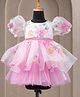 Casa Ninos Organza Woven Half Puffed Sleeves Floral Printed Layered Dress - Pink