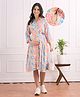 Bella Mama Viscose Woven Three Fourth Sleeves Front Open Maternity Shirt Dress with Floral Print - Light Blue & Pink