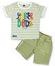 Kiwi Cotton Half Sleeves Baby Animals Embroidered & Striped Tee & Shorts Set - Green
