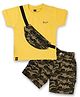 Kiwi Cotton Half Sleeves Camouflage Printed Fanny Pack Applique Detailed Tee & Coordinating Shorts Set - Mustard & Brown