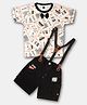 Kiwi Cotton Half Sleeves Typography Printed Bow Applique Detailed Tee & Shorts With Suspender Set - White & Black