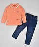 Kiwi Cotton Full Sleeves Car Printed Self Chessboard Checked Polo Tee & Mild Washed Jeans Set - Peach & Blue
