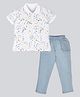 Hrit Cotton Knit Half Sleeves Colour Splash Printed Polo Tee With Denim Jeans Set - White & Blue