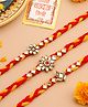 NVR Unisex Set of 3 Red & Yellow Kundan Studded Floral Design Thread Rakhi with Roli Chawal Chandan & Mishri - Red