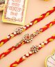 NVR Unisex Set of 3 Red & Yellow Kundan Studded Floral Design Thread Rakhi with Roli Chawal Chandan & Mishri - Yellow