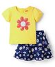 Babyhug  Single Jersey Knit Half Sleeves Top and Skirt Set with Sequin Floral Embroidery - Yellow & Navy Blue