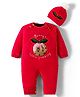 Yellow Apple Viscose Knit Full Sleeves Romper With Fruit Embroidery & Cap - Red