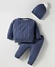 Yellow Apple Knitted Full Sleeves Pullover Sweater Set With Cap & Cable Knit Design - Navy Blue