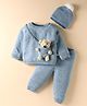 Yellow Apple Knitted Full Raglan Sleeves Pullover Sweater Set With Teddy Bear Applique & Cap - Blue