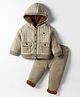 Yellow Apple Knit Full Sleeves Front Open Hooded Sweater Set With Checks Design - Tan