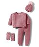Yellow Apple Cotton Knit Full Raglan Sleeves Sweater Set with Cap Booties & Cable Knit Design - Rose Gold