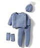 Yellow Apple Cotton Knit Full Raglan Sleeves Sweater Set with Cap Booties & Cable Knit Design - Sky Blue
