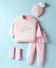 Yellow Apple Cotton Knitted Full Sleeves Crown Embroidered Pullover Sweater Set With Cap & Booties - Baby Pink