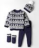Yellow Apple Cotton Knit Full Length Raglan Sleeves Sweater Set with Bunny & Floral Fair Isle Design Cap & Booties - Navy Blue