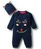Yellow Apple Knit Full Raglan Sleeves Winter Wear Romper With Reindeer Embroidery & Cap - Navy Blue