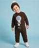 Yellow Apple Woven Full Sleeves Winter Wear Romper With Teddy Bear Applique & Cap - Brown