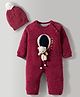 Yellow Apple Woven Full Sleeves Winter Wear Romper With Teddy Bear Applique & Cap - Burgandy