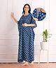 Bella Mama Cotton Woven Half Sleeves Maternity Kaftan Nursing Nighty With Floral Print - Blue