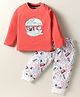 Mini Taurus Looper Knit Full Sleeves Night Suit With Text Print - Green