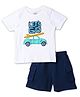Nautinati Cotton Half Sleeves Lets Go Text & Car Printed Tee & Cargo Shorts Set - Navy Blue & White