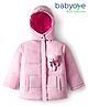 Babyoye Woven Full Sleeves Solid Dyed Padded Hooded Winter Jacket with Bear Applique - Pink