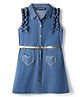 Pine Kids Cotton Woven Sleeveless Shirt Style Solid Dress with Frill Detailing Heart Patch & Belt - Blue