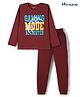 Honeyhap Premium 100% Cotton Knit Full Sleeves Night Suit With Text Print & Bio Finish - Cherry Mahogany