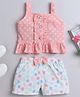 The Magic Wand Sleeveless Polka Dots & Floral Printed Bow Applique Detailed Top & Shorts Set - Peach