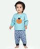 Ariel Pure Cotton Full Sleeves Bear Patch Detailed & Polka Dots Printed Tee & Joggers Set - Blue