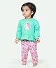 Ariel Pure Cotton Full Sleeves Unicorn Printed Top & Coordinating Pant Set - Green