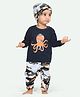 Ariel Pure Cotton Full Sleeves Octopus & Camouflage Printed Tee & Pant With Cap Set - Navy Blue