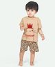 Ariel Pure Cotton Half Sleeves Cat Printed & Floral Patch Embroidered Tee & Shorts Set - Brown