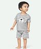 Ariel Pure Cotton Half Sleeves Dog Face Printed & Applique Detailed Tee & Shorts Set - Grey