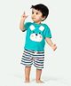 Ariel Pure Cotton Half Sleeves Baby Animal Patch Detailed Tee & Striped Shorts Set - Teal Blue