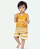 Ariel Pure Cotton Sleeveless Animal Printed Tee & Striped Shorts Set - Mustard