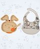 StarKiddo Cute Bunny Bamboo Suction Plates with Weaning Spoon and Cute Adjustable Printed Bib for Baby and Toddler  - Orange-Beige