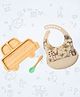 StarKiddo Rider Bamboo Suction Plates with Weaning Spoon and Cute Adjustable Printed Bib for Baby and Toddler - Green-Beige