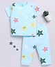 Clt.s Cotton Knit Half Sleeves Stars Printed Coordinating Night Suit Set - Blue