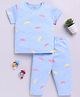 Clt.s Cotton Knit Half Sleeves Umbrellas & Hearts Printed Coordinating Night Suit Set - Blue