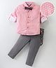 Mark & Mia Full Sleeves Printed Shirt & Trouser Set with Bow & Suspender -  Pink & Grey