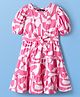 Pine Kids Cotton Knit Puffed Sleeves Frock With Abstract Print - Pink