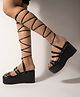 Shoetopia Solid Platform Heeled Tie Up Sandals - Black